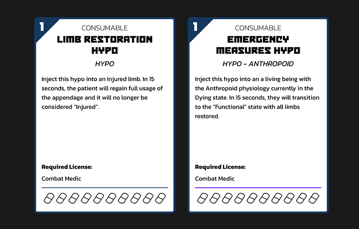 Two example consumable item cards. One represents a Limb Restoration Hypo, the other an Emergency Measures Hypo - Anthropoid.