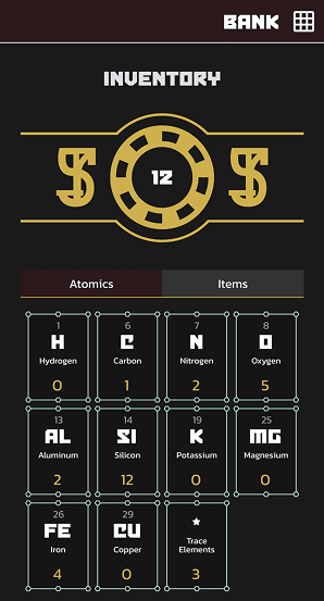 A screenshot from the Essex app showing an example bank account. It has a chip total at the top and 2 tabs below it. The first tab is highlight and shows multiple atomic elements along with totals of how much is contained in the bank.