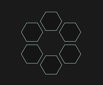 six hexagons with a cyan border and semi-transparent black background positioned to give the impression of a larger hexagon