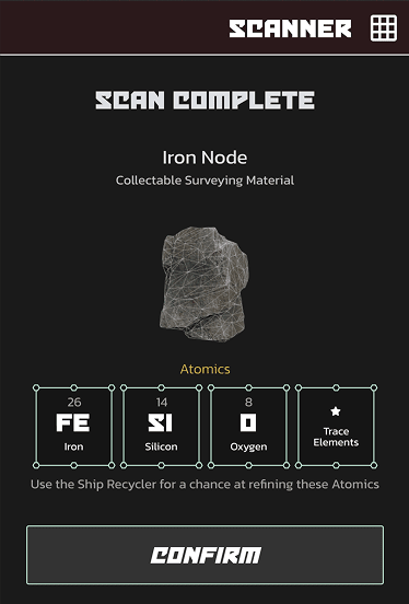 A screenshot from the app showing the results of a successful surveying scan. It shows an Iron node, a graphic of a rock, and a list of the potentially resulting Atomics that can be refined from the node.