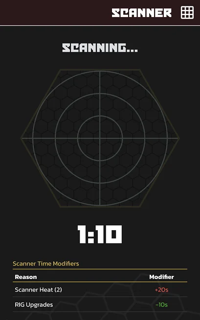 A screenshot of the scanner app within Essex. There is a radar-like graphic contained in a hexagon and a timer underneath that reads 1:10. Below that is a table explaining Heat modifiers and their reason.