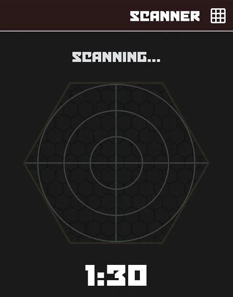 A screenshot from the app showing a radar-like scanner within a hexagonal container. There is a timer beneath the scanner with 1 minute, 30 seconds remaining.