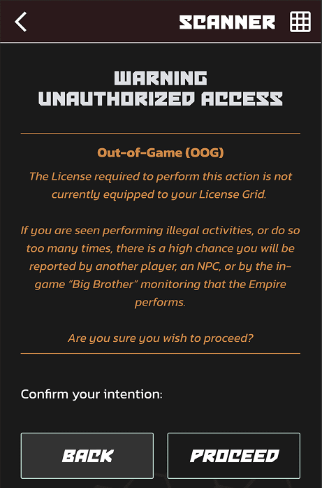 A screenshot from the Essex app showing a warning screen you get when trying to scan something you do not have the License for. It provides an out-of-game warning followed by 2 buttons: "Back" and "Proceed"